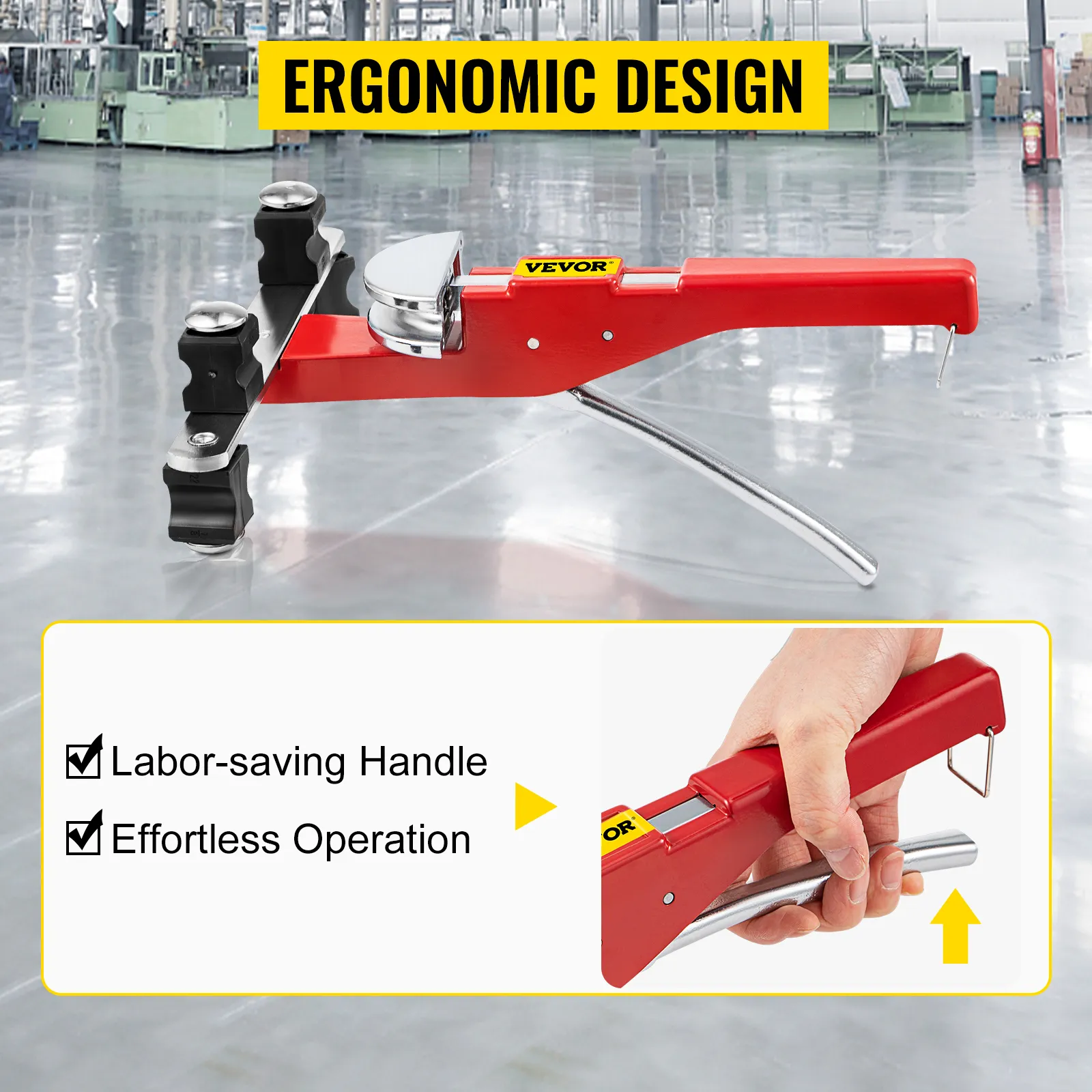 VEVOR pipe bender with ergonomic design, labor-saving handle, and effortless operation.