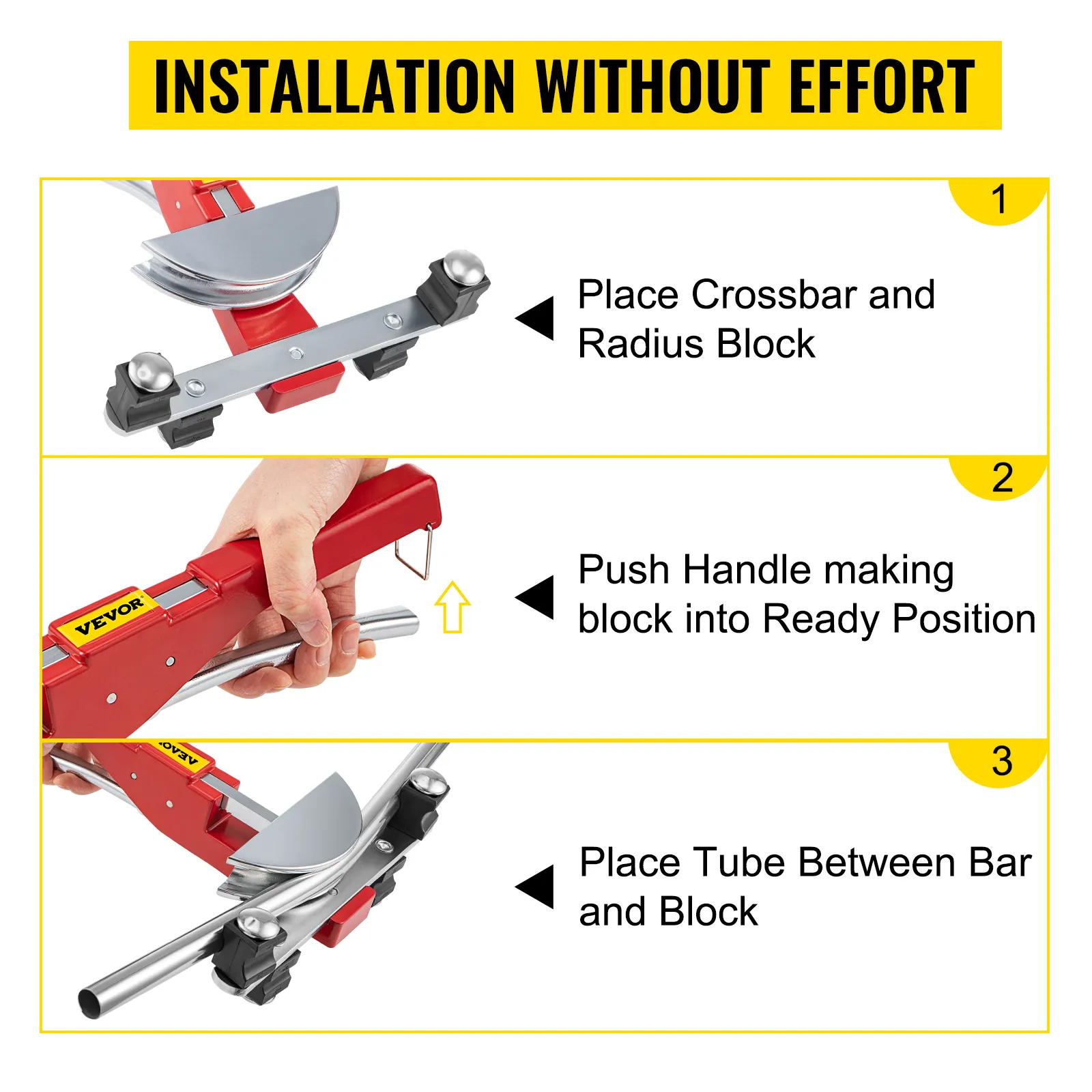 VEVOR pipe bender setup guide: install crossbar, push handle, place tube in position.