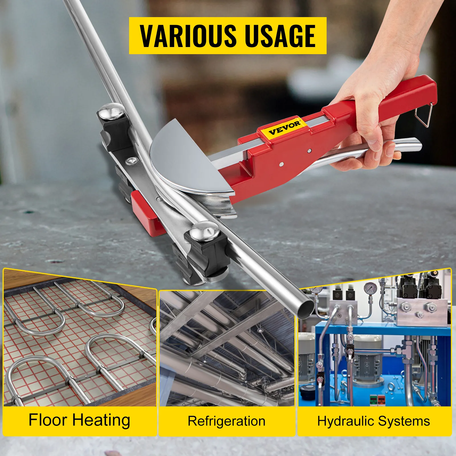 VEVOR pipe bender for floor heating, refrigeration, and hydraulic systems usage.