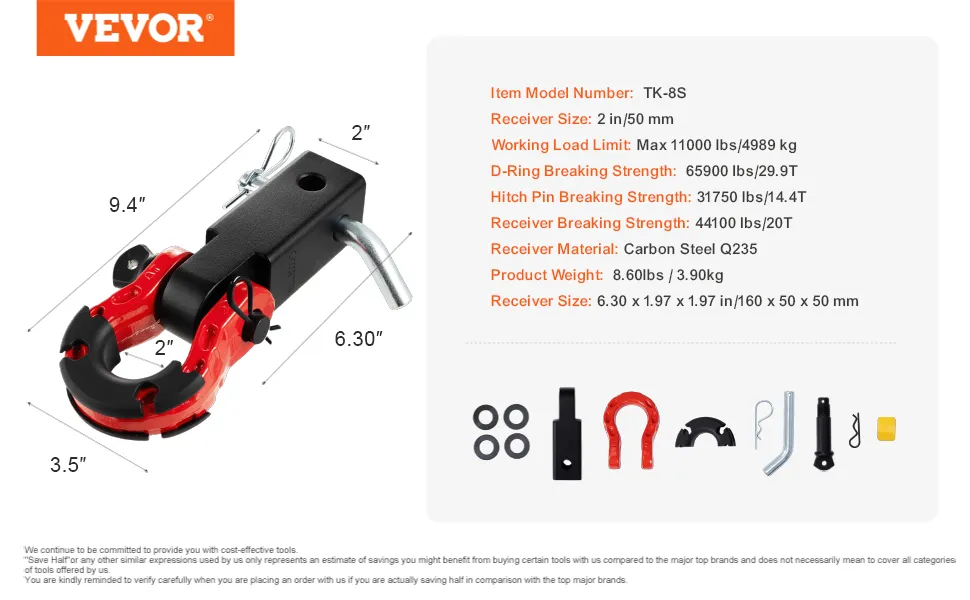 VEVOR trailer hitch receiver with d-ring, carbon steel, 11,000 lbs max load, 2-inch receiver.