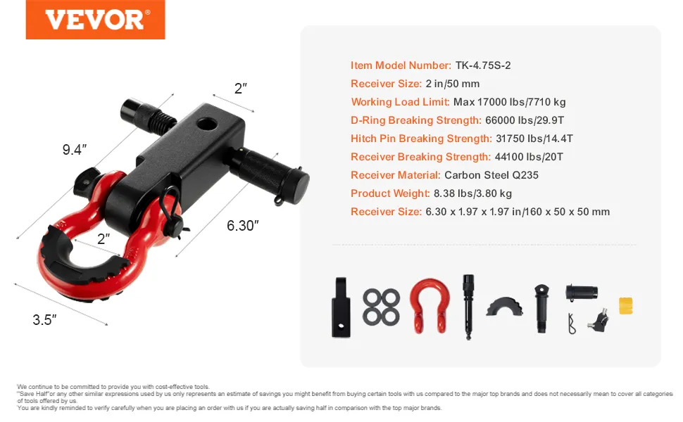 dimensions and specifications of VEVOR trailer hitch receiver with red d-ring.