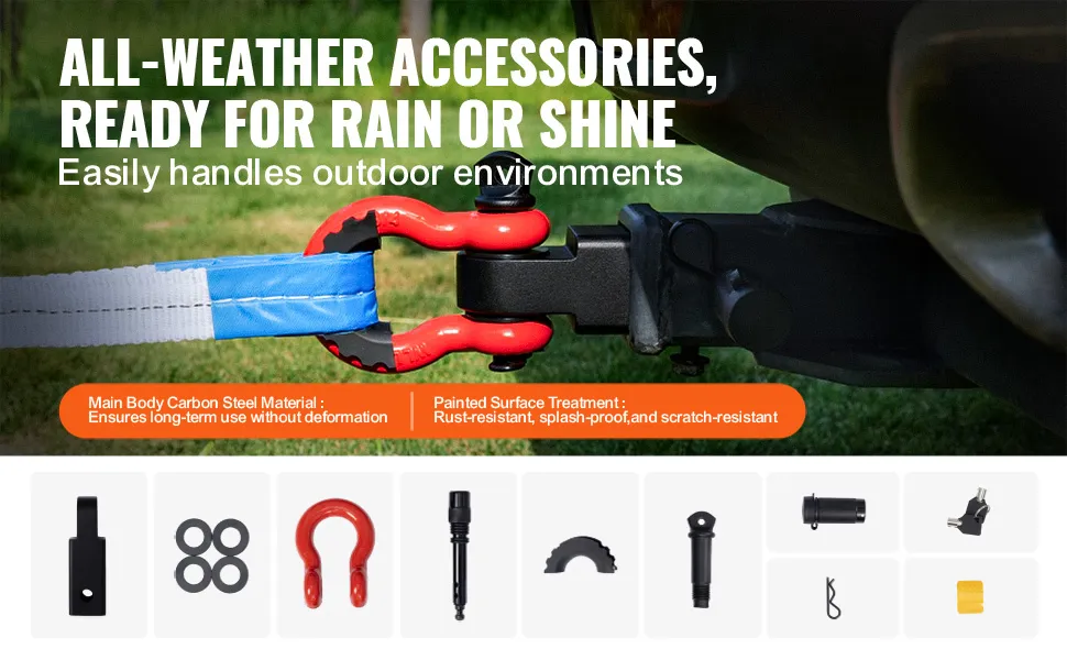 VEVOR trailer hitch receiver in use, showcasing all-weather durability and included accessories.