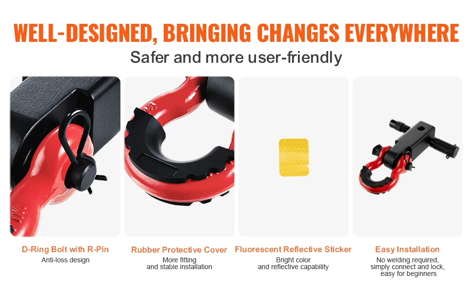 VEVOR trailer hitch receiver featuring d-ring bolt with r-pin, rubber protective cover, reflective sticker, and easy installation.