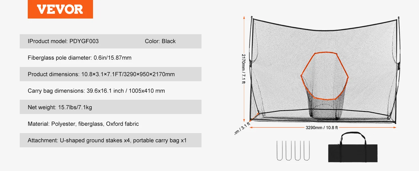 VEVOR Golf-Übungsnetz, tragbare Tragetasche, schwarz mit Fiberglasstangen, Maße 3,3 m x 2,1 m.
