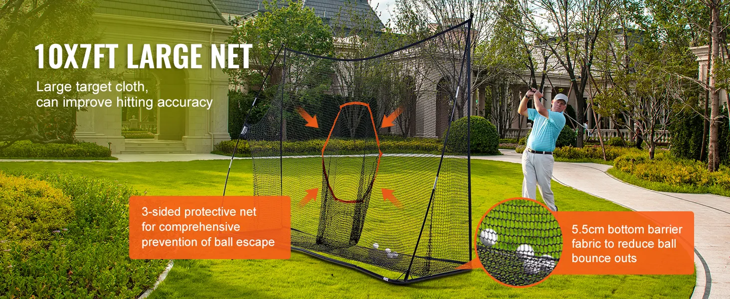 VEVOR Golf-Übungsnetz: 10 x 7 Fuß großes Netz, 3-seitiges Schutznetz, 5,5 cm dickes Barrieregewebe an der Unterseite für Genauigkeit.