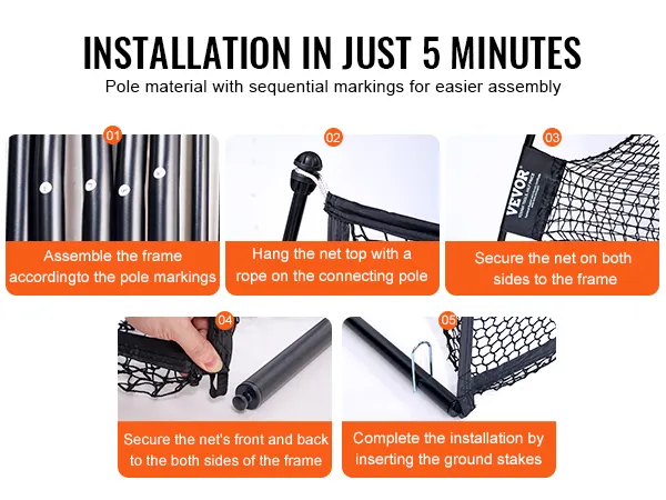 Installationsschritte für das VEVOR Golf-Übungsnetz in 5 Minuten: Rahmenmontage, Netzaufhängung und Sicherung.