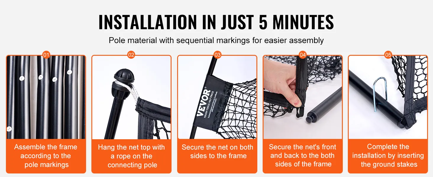 Installationsschritte für das VEVOR Golf-Übungsnetz in 5 Minuten: Rahmenmontage, Netzaufhängung und Sicherung.