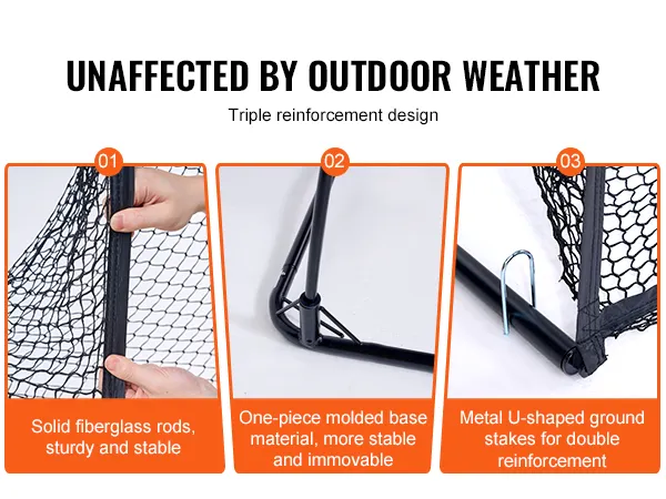 Dreifach verstärktes Design des VEVOR-Golfübungsnetzes mit Fiberglasstangen, geformter Basis und U-Pfählen.