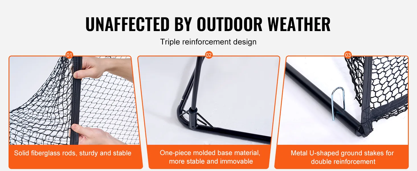 Dreifach verstärktes Design des VEVOR-Golfübungsnetzes mit Fiberglasstangen, geformter Basis und U-Pfählen.