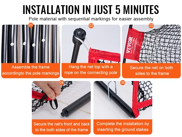 etapy montażu siatki do ćwiczeń golfowych VEVOR: zmontuj ramę, zawieś siatkę, przymocuj siatkę do ramy, wbij kołki w podłoże.