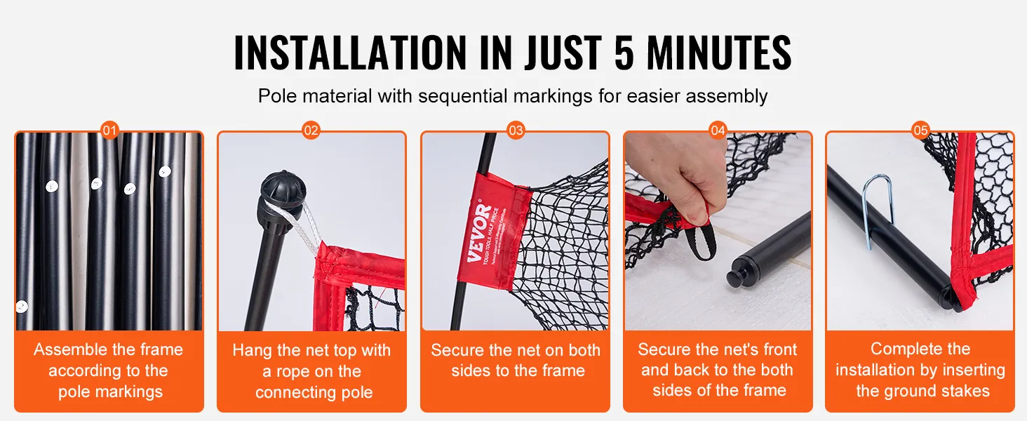 etapy montażu siatki do ćwiczeń golfowych VEVOR: zmontuj ramę, zawieś siatkę, przymocuj siatkę do ramy, wbij kołki w podłoże.