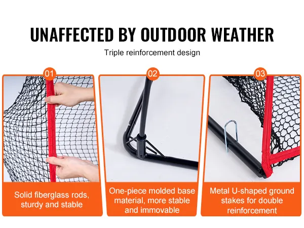 Siatka do ćwiczeń golfowych VEVOR składa się z prętów z włókna szklanego, jednoczęściowej, formowanej podstawy i palików w kształcie litery U.