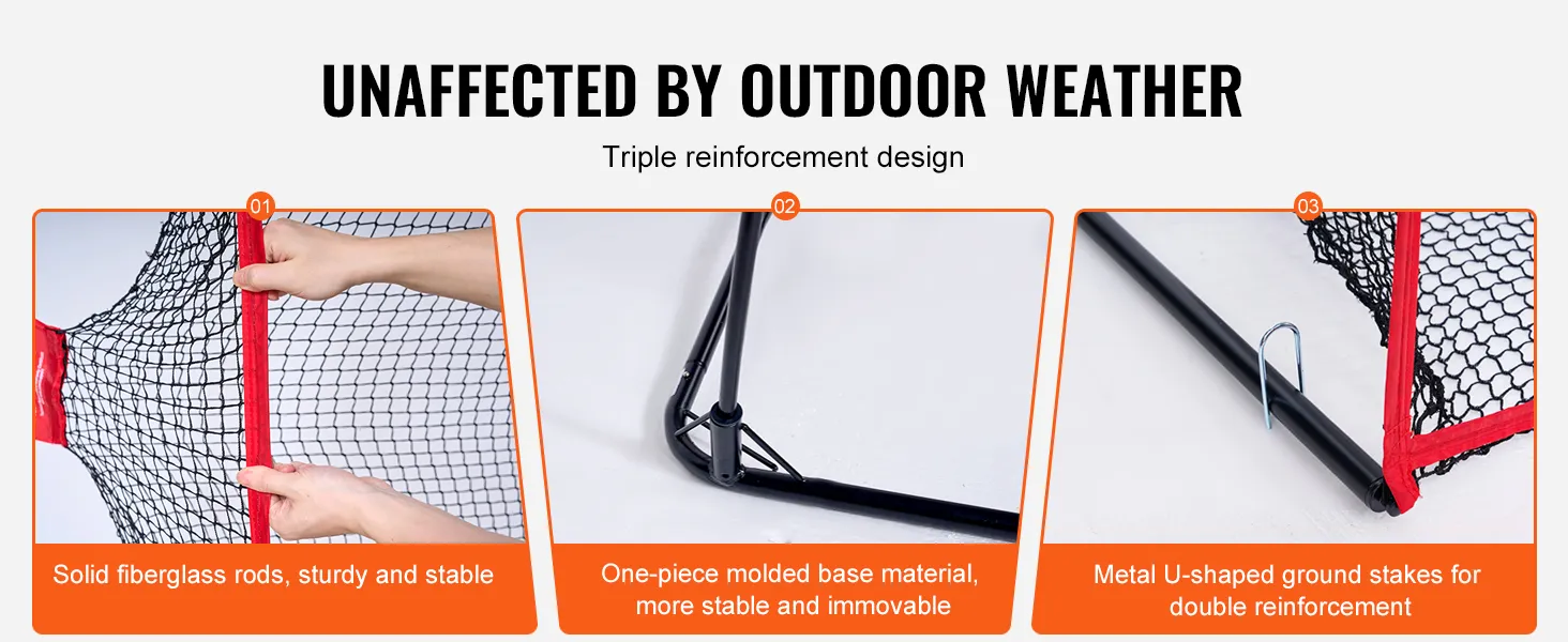 Siatka do ćwiczeń golfowych VEVOR składa się z prętów z włókna szklanego, jednoczęściowej, formowanej podstawy i palików w kształcie litery U.