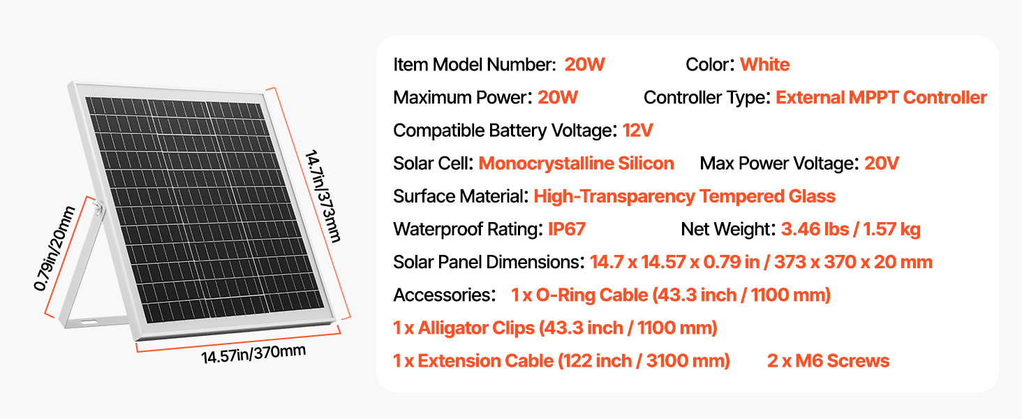Panneau Solaire 20W 12V VEVOR Avec Contrôleur - Portable, étanche IP67, Câbles Inclus, Pour Voiture, Camping-car, Bateau - 6