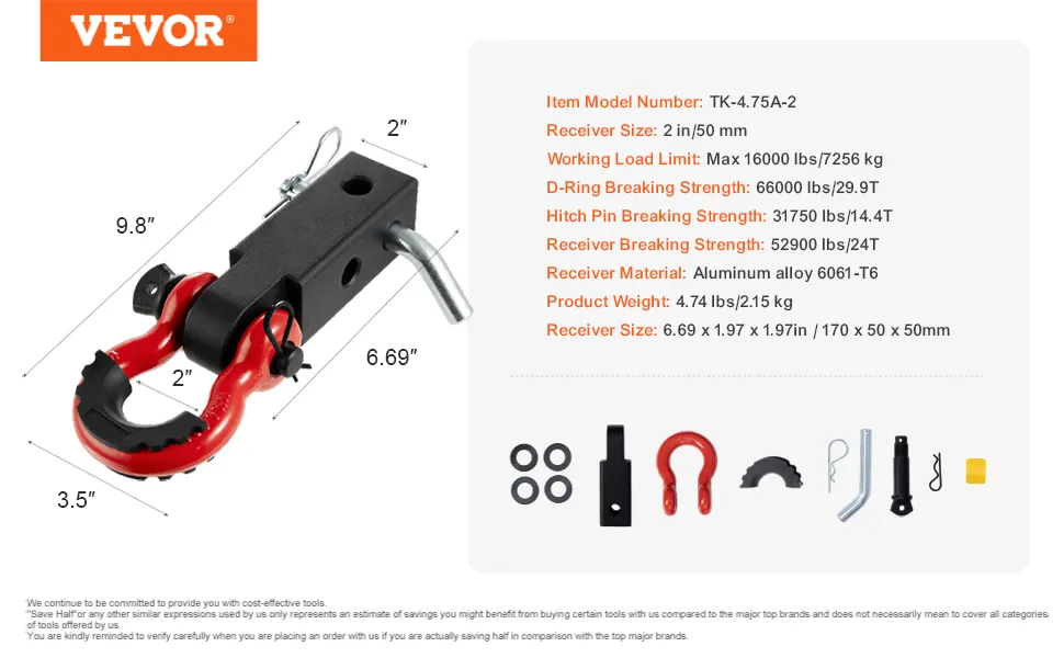 VEVOR trailer hitch receiver with d-ring, aluminum alloy, 16,000 lbs load, 2 in/50 mm receiver.