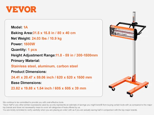 VEVOR infrarood-uithardingslamp met verstelbare hoogte, 1500 W vermogen, 31,5" x 15,8" bakoppervlak en voet.