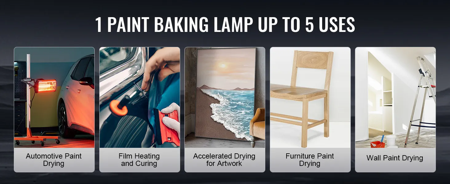 VEVOR infrared curing lamp for automotive paint, film heating, artwork, furniture, and wall drying.