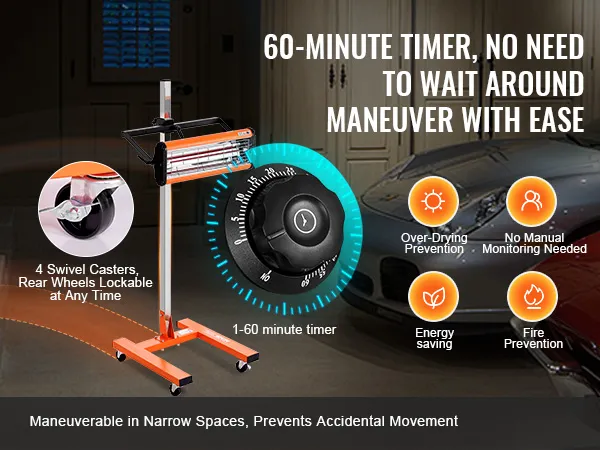 VEVOR infrarood-uithardingslamp met timer, vergrendelbare zwenkwielen en energiebesparende functies.