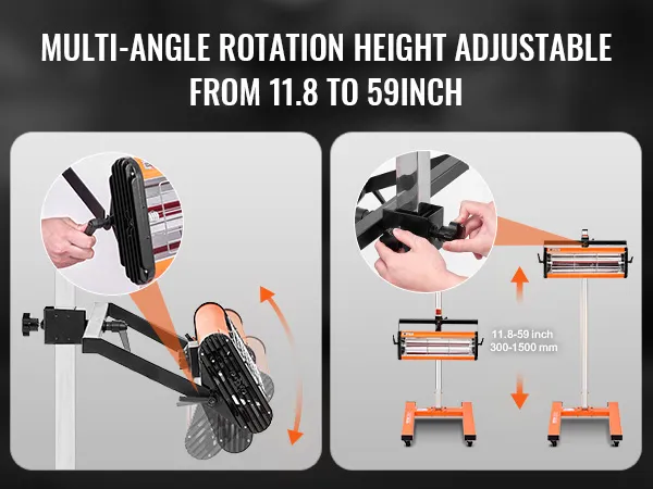 VEVOR infrarood-uithardingslamp met multi-hoekrotatie en hoogteverstelling van 11,8 tot 59 inch.