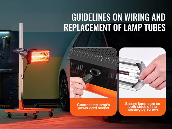 VEVOR infrarood-uithardingslamp in een garage met instructies voor bedrading en vervanging van lampenbuizen.