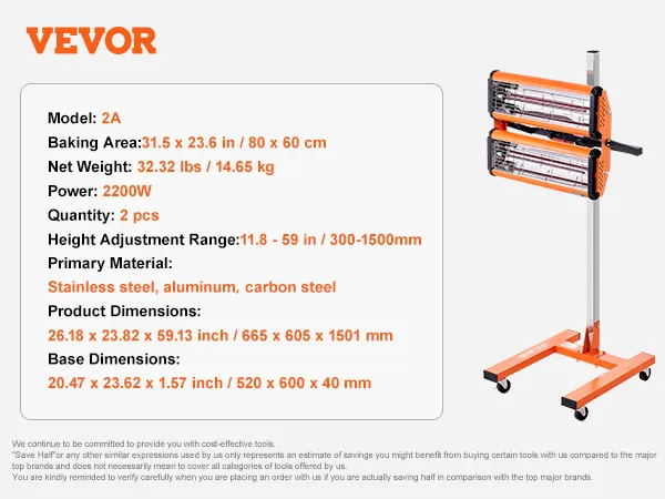 VEVOR infrared curing lamp model 2a, 2200w, orange, dual lamps, adjustable height, rolling base.