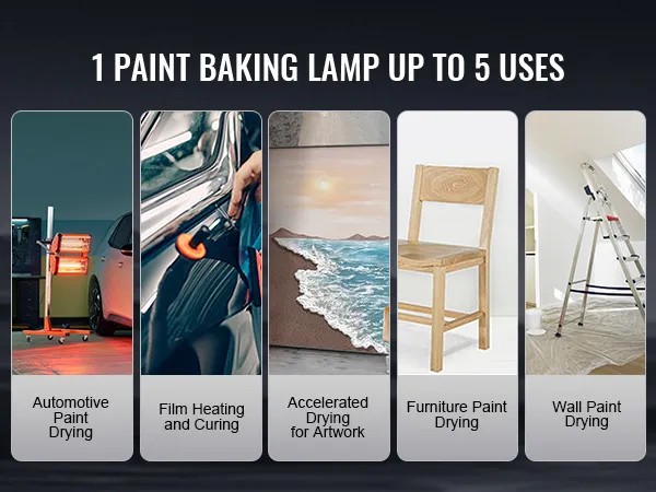 VEVOR infrared curing lamp used for automotive paint, film heating, artwork, furniture, and wall drying.