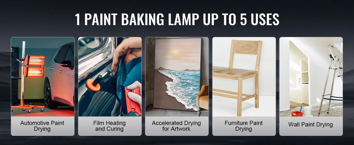 VEVOR infrared curing lamp used for automotive paint, film heating, artwork, furniture, and wall drying.