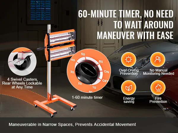 VEVOR infrared curing lamp with 60-minute timer and lockable swivel casters for easy maneuverability.