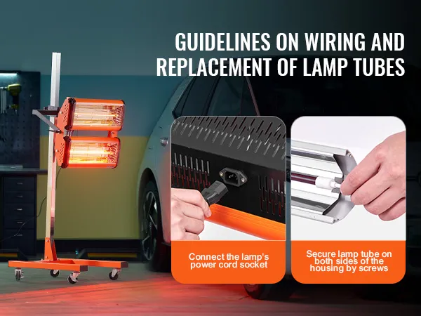 VEVOR infrared curing lamp next to a car, with wiring and tube replacement guides shown.