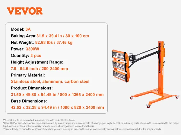Lámpara de curado por infrarrojos VEVOR con 3 cabezales de lámpara, potencia: 3300w, altura ajustable y marco naranja resistente.