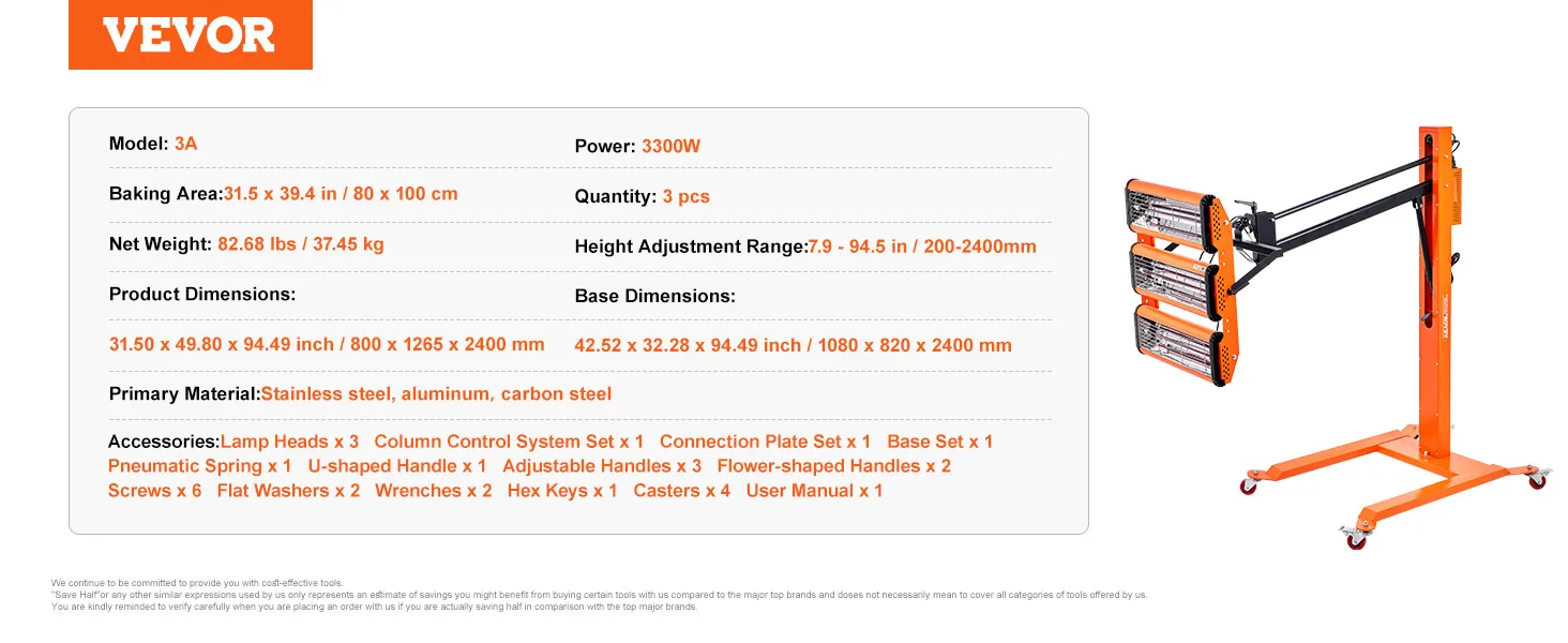 Lámpara de curado por infrarrojos VEVOR con 3 cabezales de lámpara, potencia: 3300w, altura ajustable y marco naranja resistente.