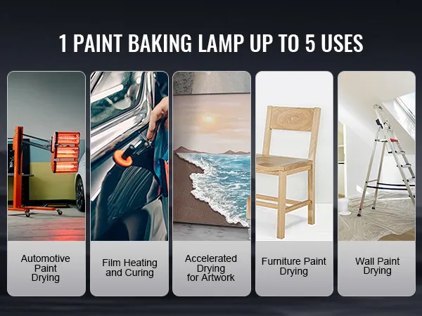 Lámpara de curado por infrarrojos VEVOR con 5 usos para secado de pintura de automóviles, películas, obras de arte, muebles y paredes.