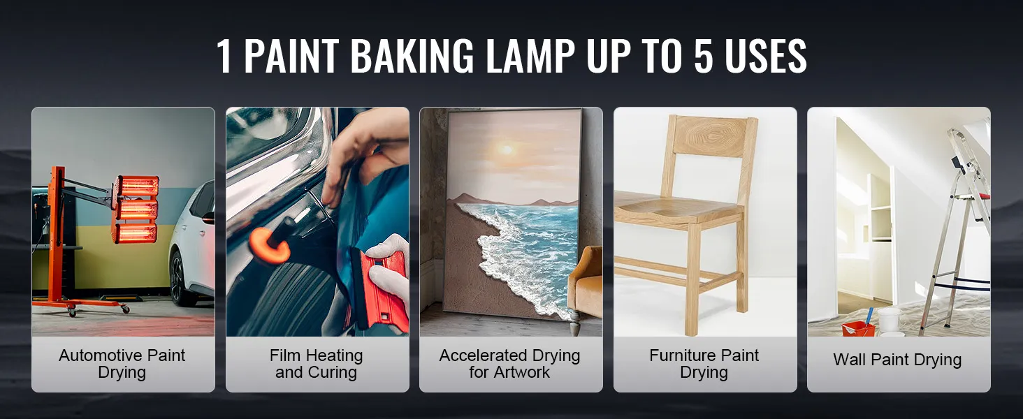 Lámpara de curado por infrarrojos VEVOR con 5 usos para secado de pintura de automóviles, películas, obras de arte, muebles y paredes.