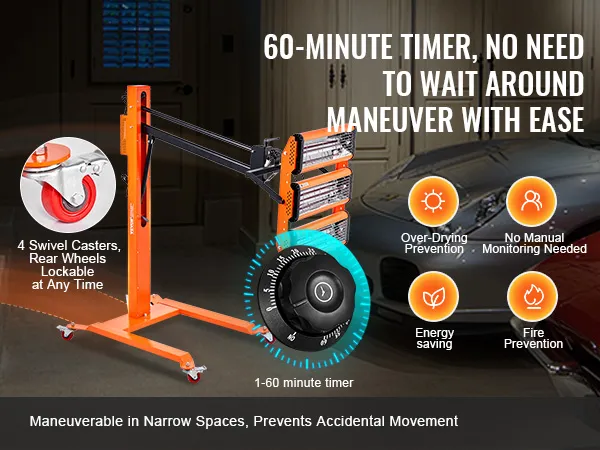 Lámpara de curado por infrarrojos VEVOR con temporizador de 60 minutos, 4 ruedas giratorias, ruedas traseras bloqueables y ahorro de energía.