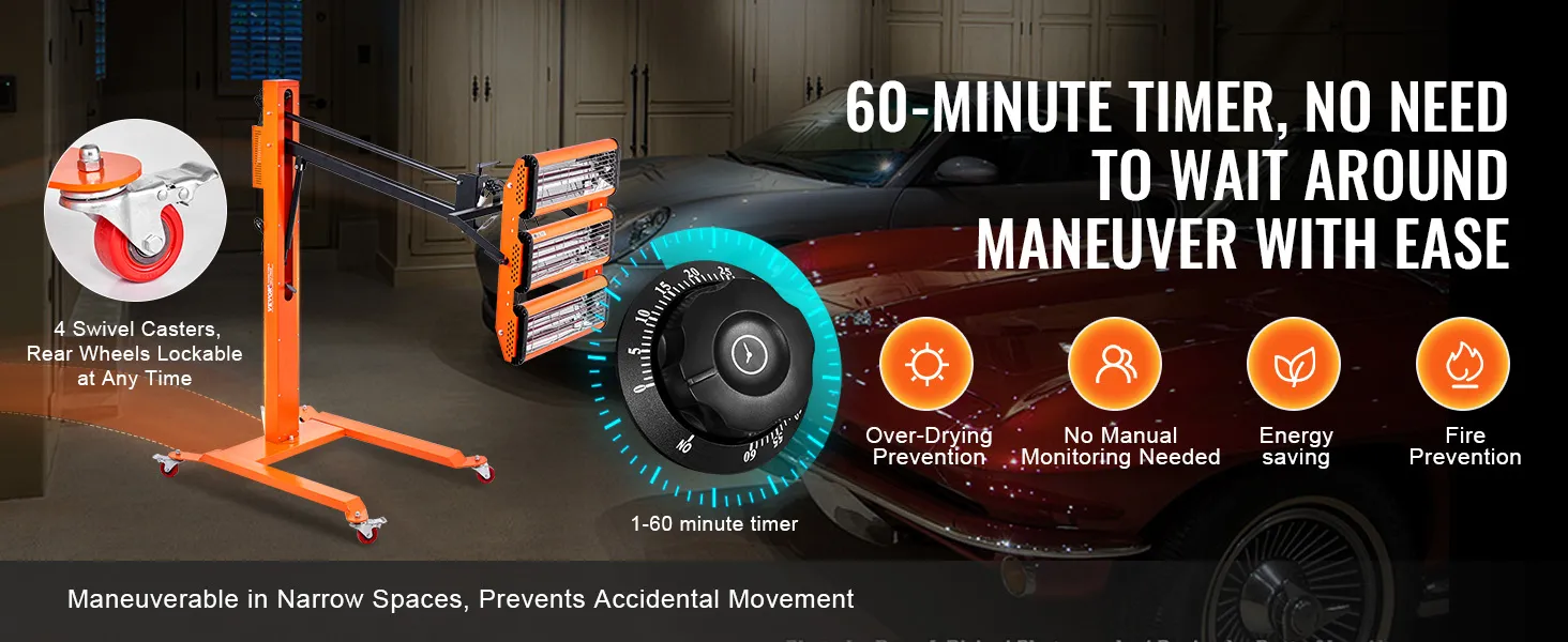 Lámpara de curado por infrarrojos VEVOR con temporizador de 60 minutos, 4 ruedas giratorias, ruedas traseras bloqueables y ahorro de energía.