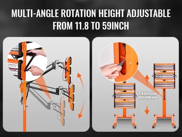 Lámpara de curado por infrarrojos VEVOR con rotación multiángulo, altura ajustable de 11,8 a 59 pulgadas.