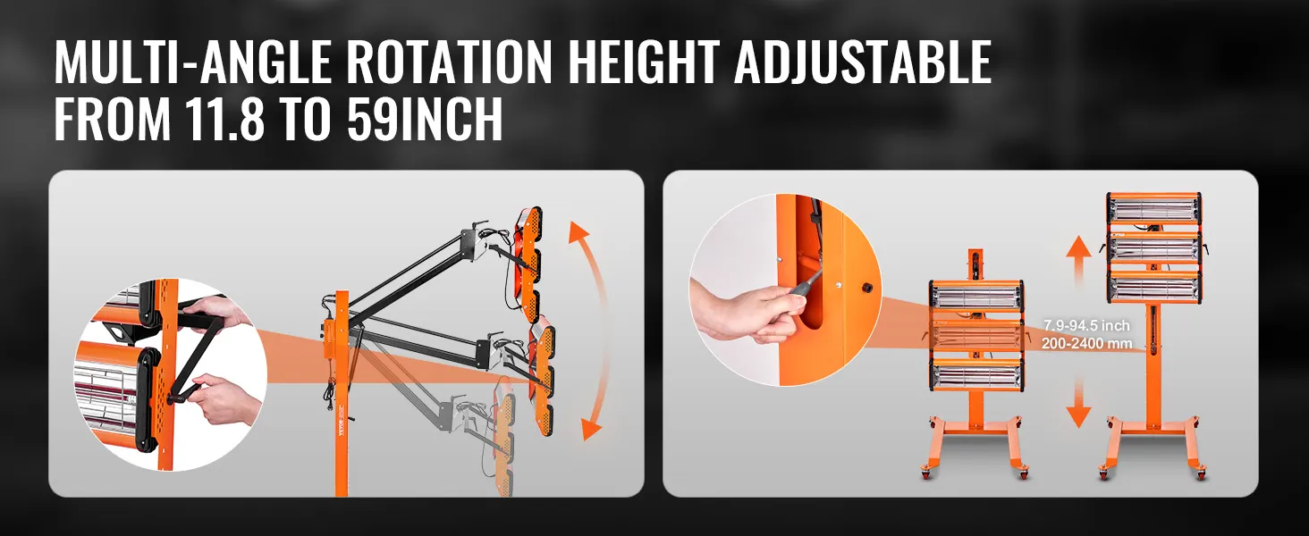 Lámpara de curado por infrarrojos VEVOR con rotación multiángulo, altura ajustable de 11,8 a 59 pulgadas.