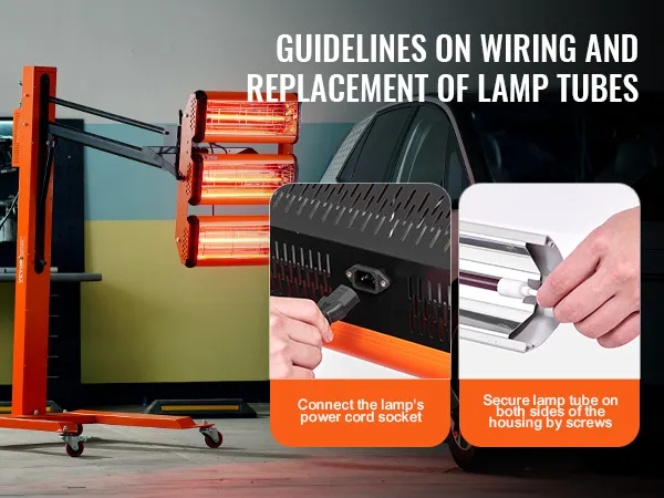 Lámpara de curado por infrarrojos VEVOR al lado de un automóvil con guías para cableado y sustitución de tubos de lámpara.