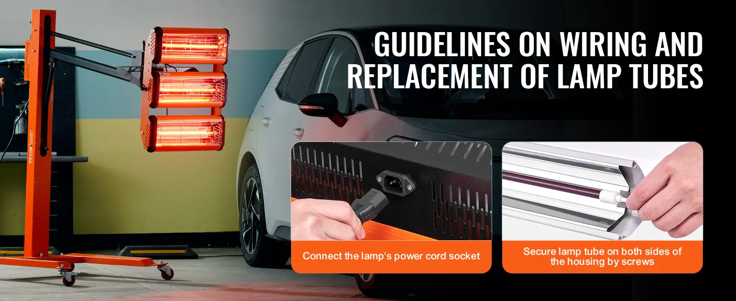 Lámpara de curado por infrarrojos VEVOR al lado de un automóvil con guías para cableado y sustitución de tubos de lámpara.
