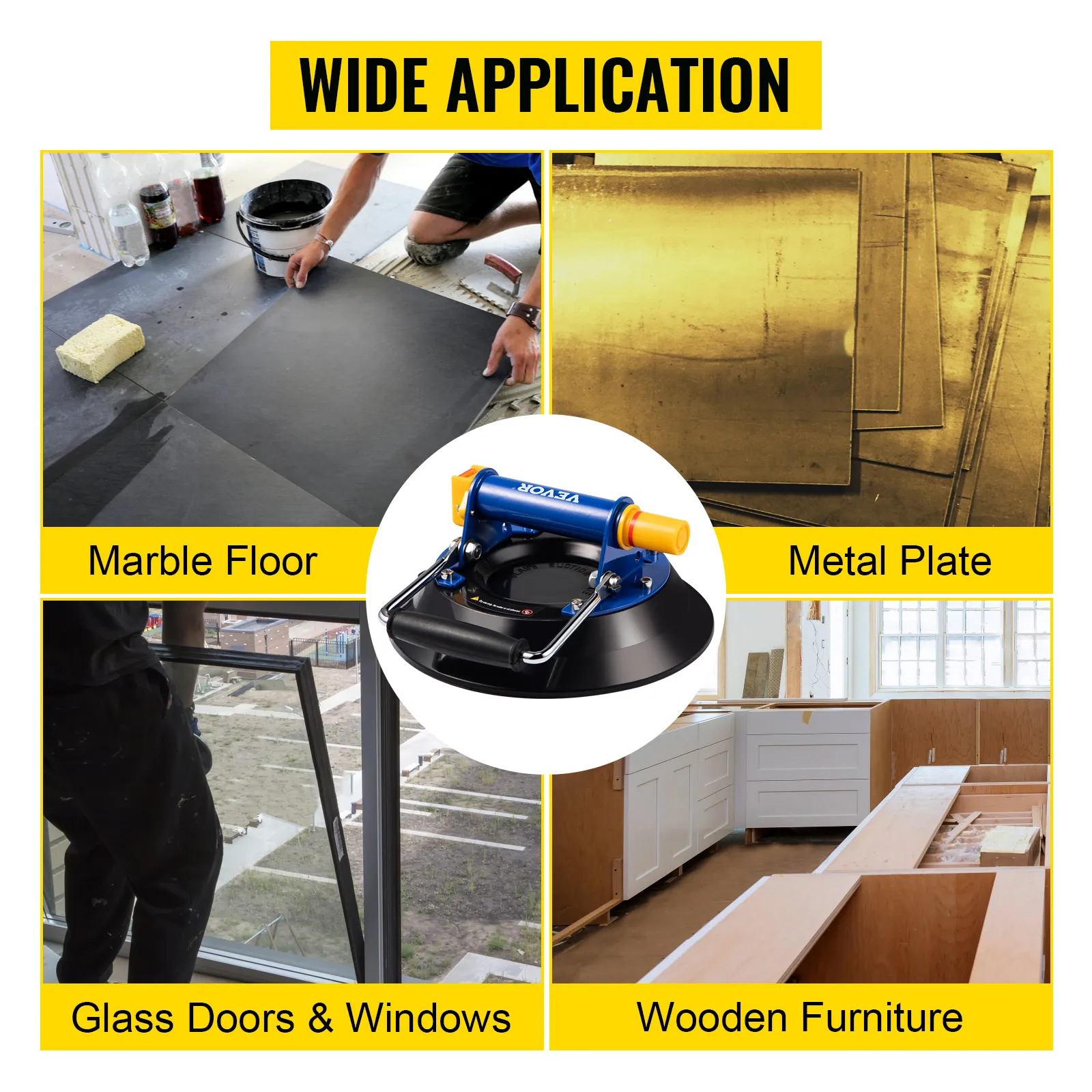 Ventosa de elevación de vidrio VEVOR utilizada en superficies de mármol, metal, vidrio y madera.