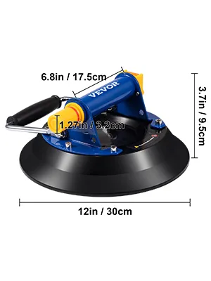 VEVOR glass lifting vacuum suction cup with dimensions highlighted in blue and black.
