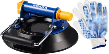 VEVOR glass lifting vacuum suction cup with blue and white safety gloves.