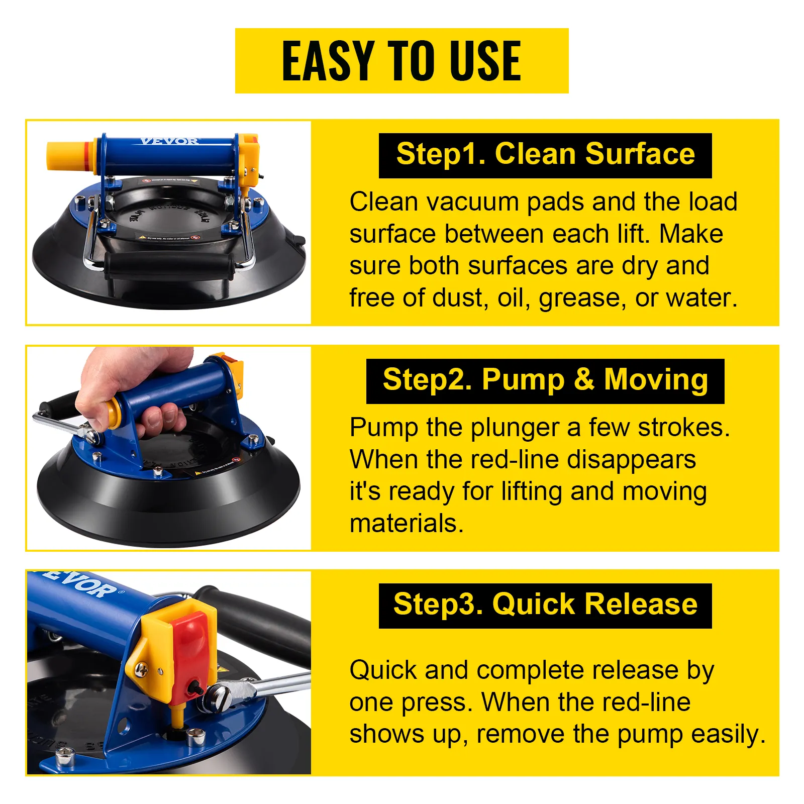 VEVOR glass lifting vacuum suction cup instructions for cleaning, pumping, and releasing.