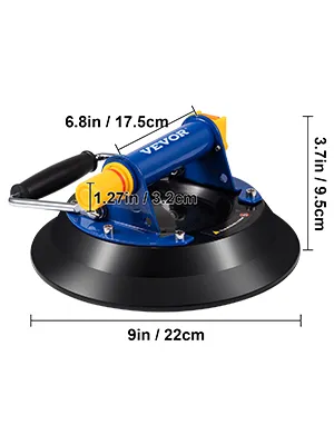 VEVOR glass lifter with dimensions: 9in base, 3.7in height, and 6.8in handle length.