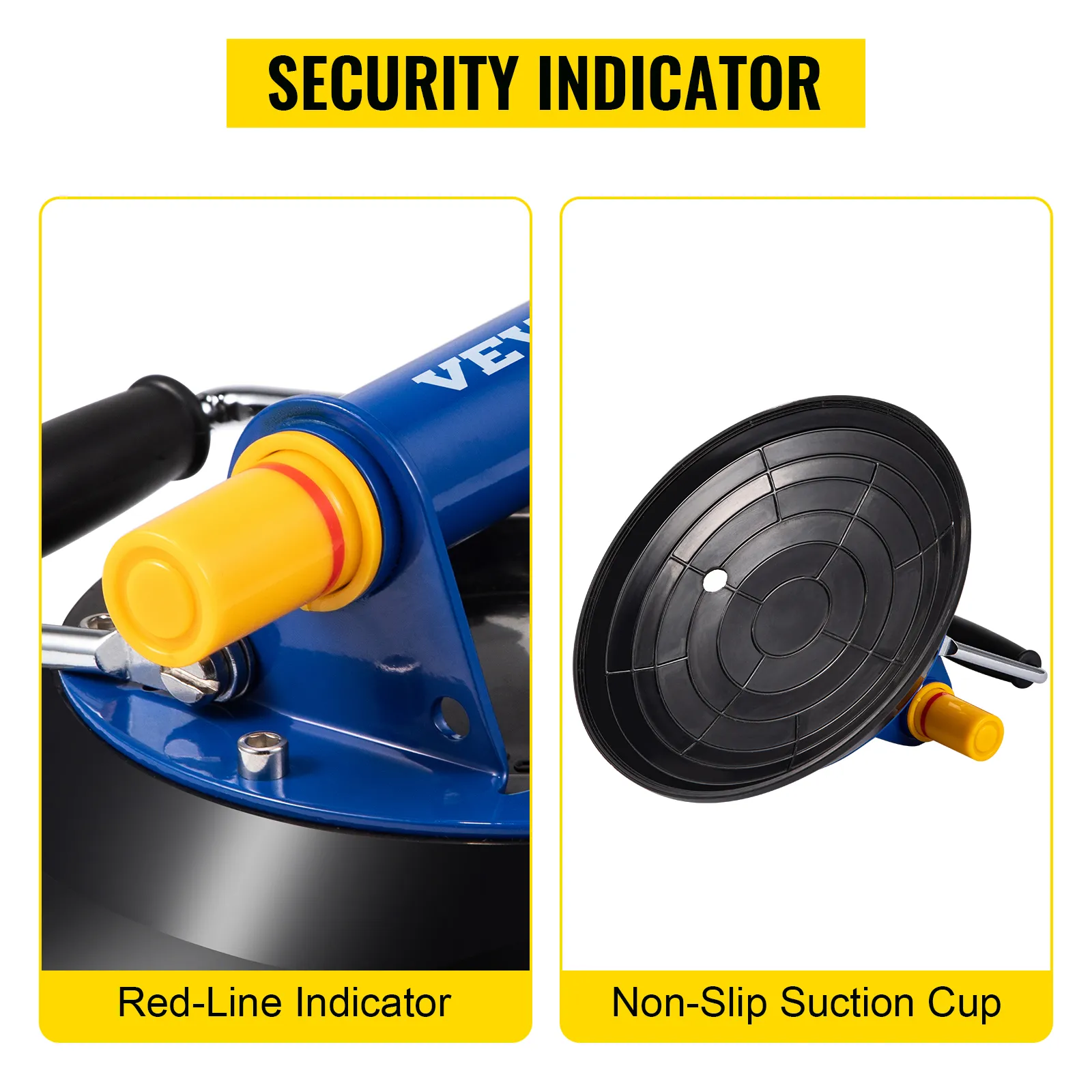 VEVOR glass lifter featuring red-line security indicator and non-slip suction cup.