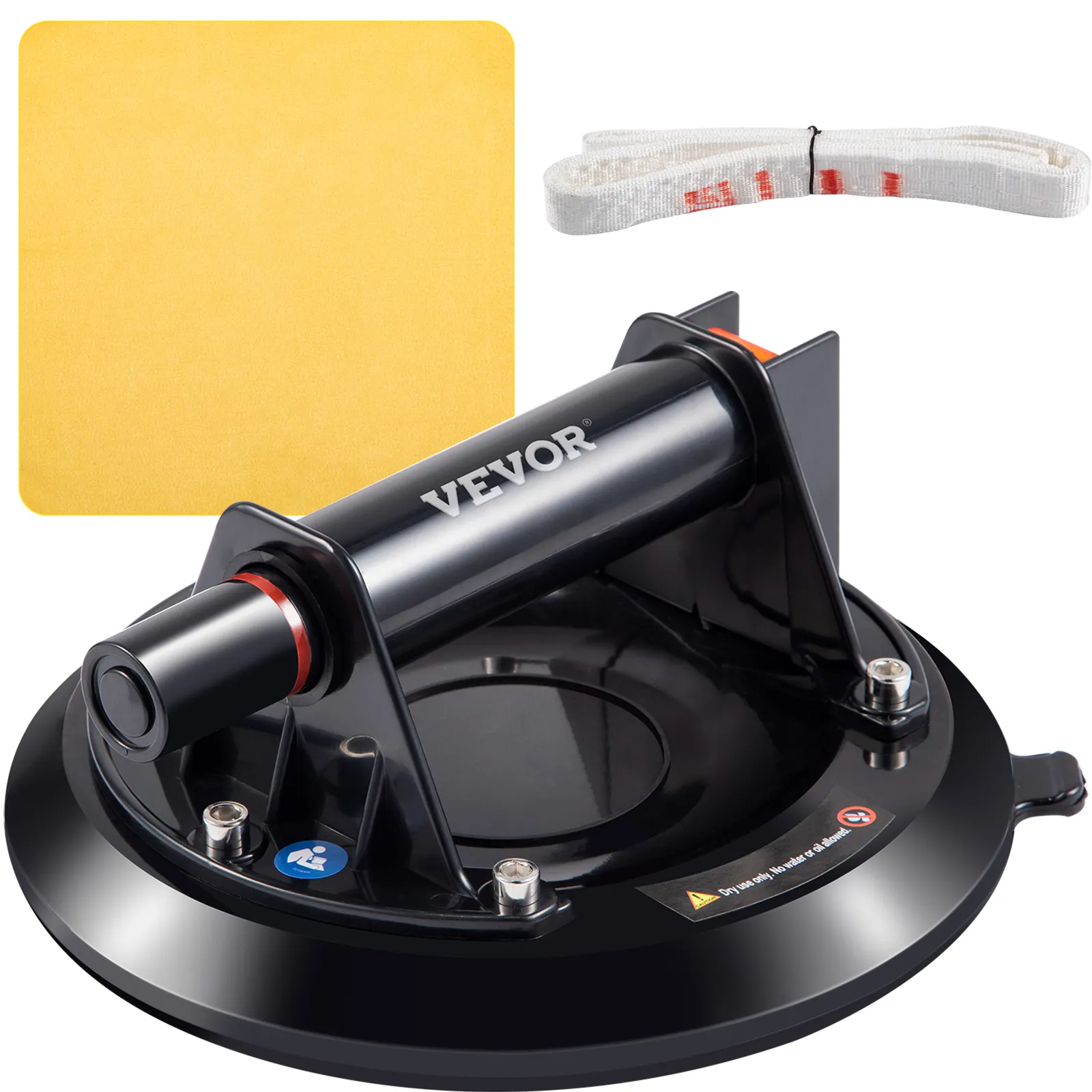 VEVOR glass lifting suction cup with yellow cloth and white strap accessory.