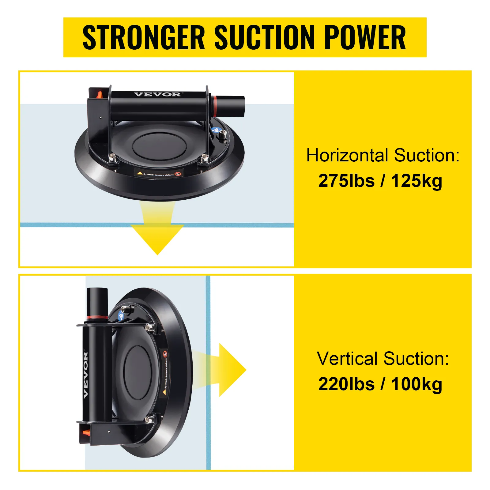 VEVOR glass lifting suction cup with 275lbs horizontal and 220lbs vertical suction power.