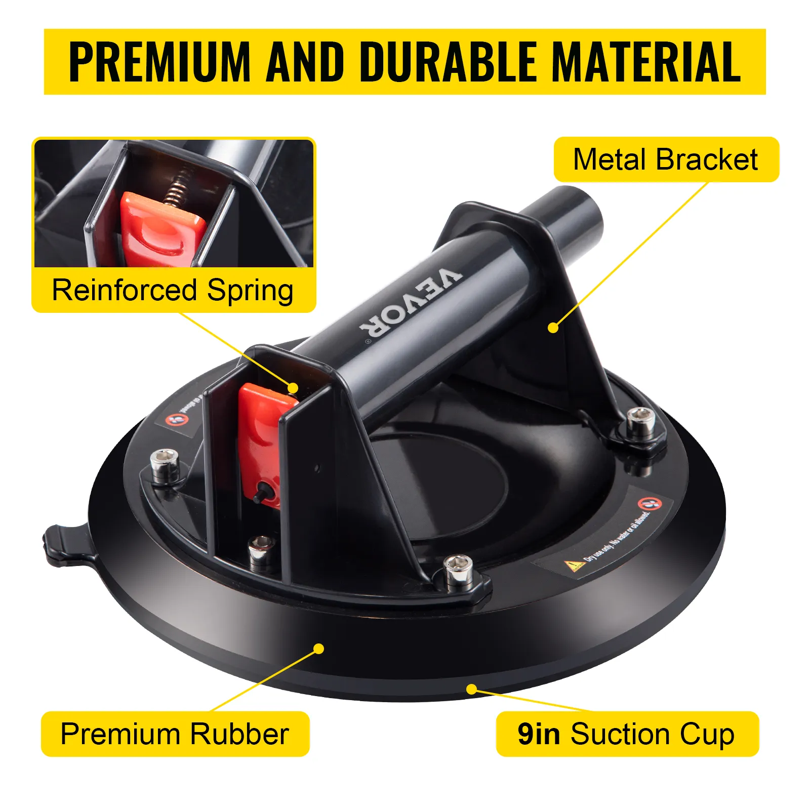 VEVOR glass lifting suction cup with premium rubber, metal bracket, and reinforced spring.
