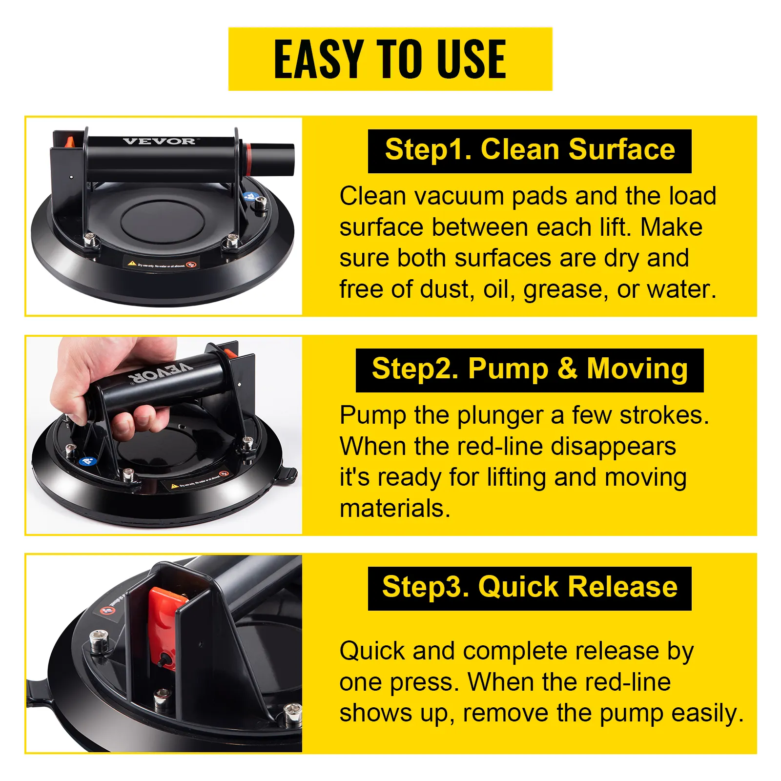 VEVOR glass lifting suction cup instruction steps: clean surface, pump, quick release.