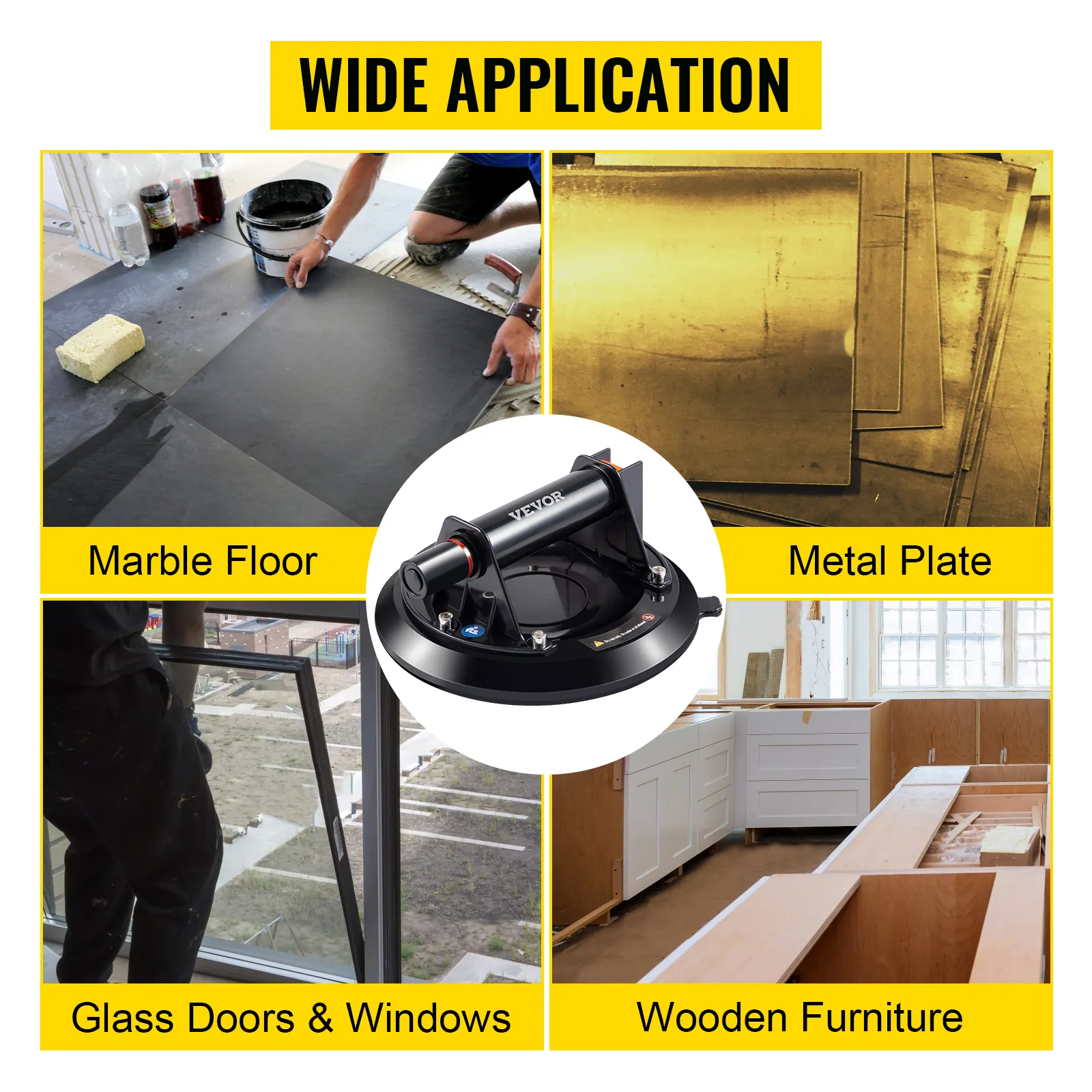 VEVOR glass lifting suction cup for marble, metal, glass, and wood applications.